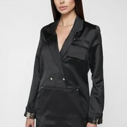 Woman Dresses Oversized Satin Blazer Dress - Black