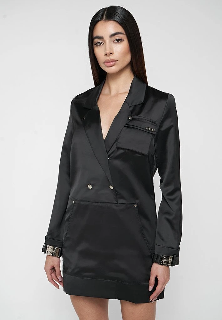 Woman Dresses Oversized Satin Blazer Dress - Black
