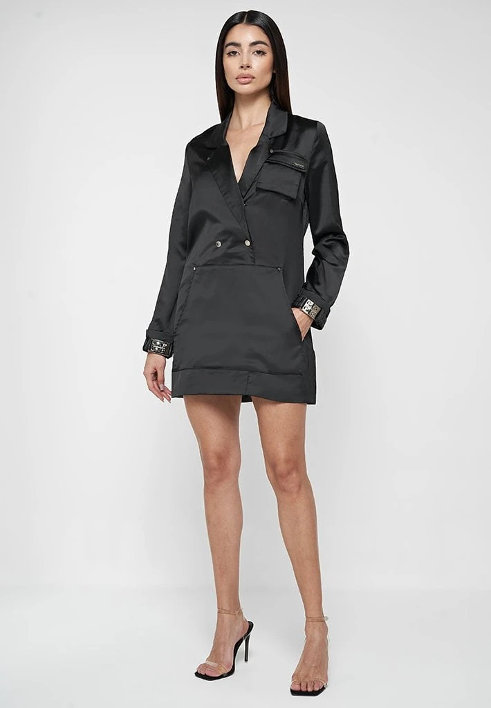 Woman Dresses Oversized Satin Blazer Dress - Black