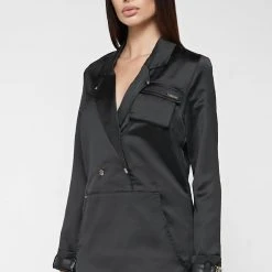 Woman Dresses Oversized Satin Blazer Dress - Black