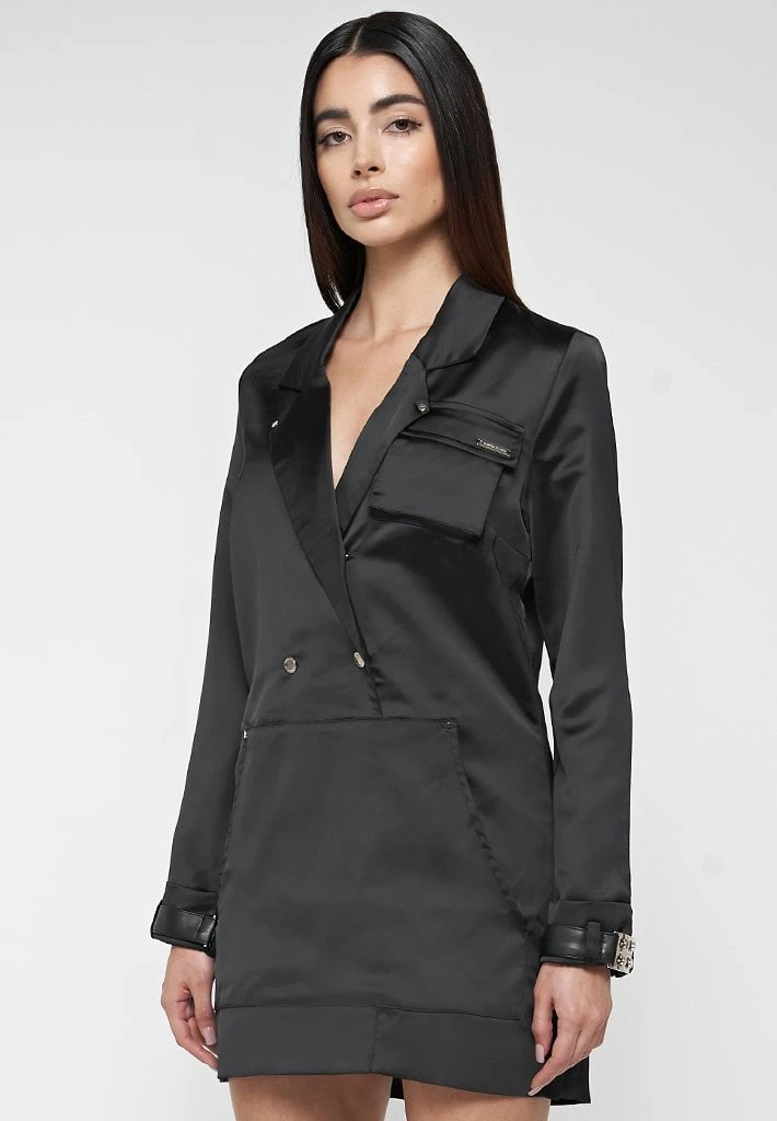 Woman Dresses Oversized Satin Blazer Dress - Black
