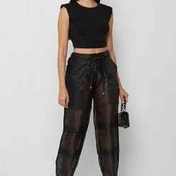 Woman Tops TOPS & T SHIRTS Padded Wide Shoulder Crop Top - Black