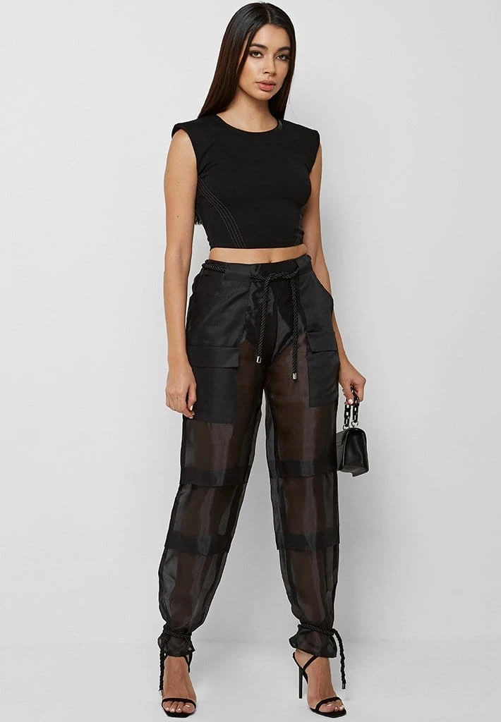 Woman Tops TOPS & T SHIRTS Padded Wide Shoulder Crop Top - Black