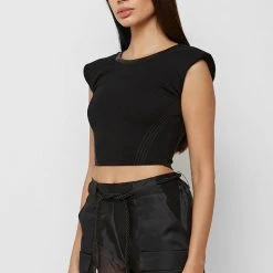 Woman Tops TOPS & T SHIRTS Padded Wide Shoulder Crop Top - Black