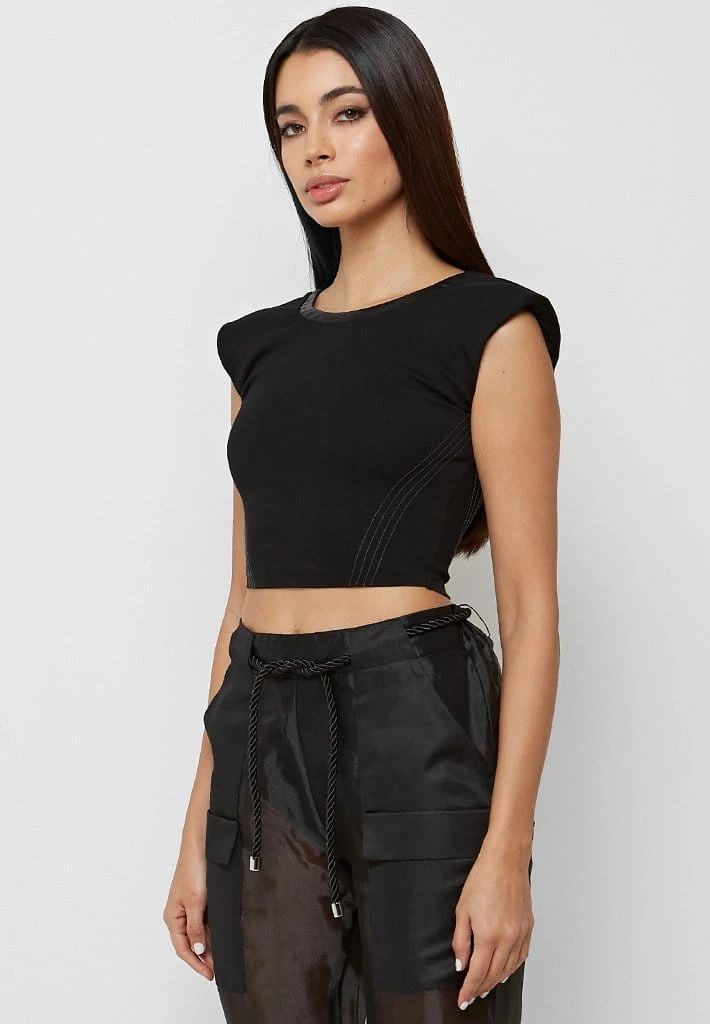 Woman Tops TOPS & T SHIRTS Padded Wide Shoulder Crop Top - Black