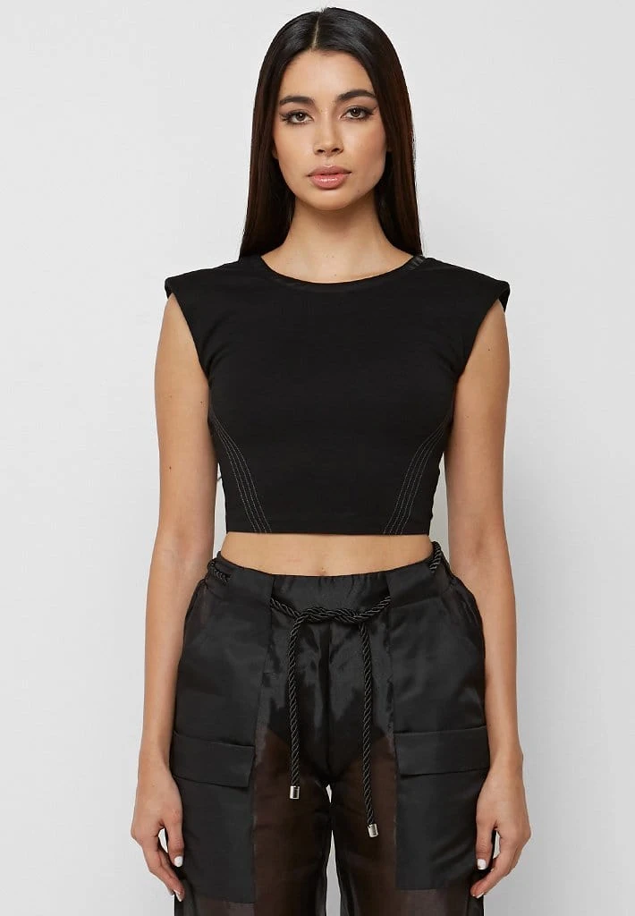 Woman Tops TOPS & T SHIRTS Padded Wide Shoulder Crop Top - Black