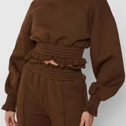 Woman Tracksuits Paperbag Waist Hoodie - Chocolate Brown