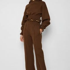 Woman Tracksuits Paperbag Waist Hoodie - Chocolate Brown