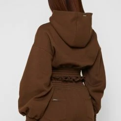 Woman Tracksuits Paperbag Waist Hoodie - Chocolate Brown