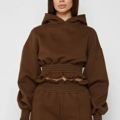 Woman Tracksuits Paperbag Waist Hoodie - Chocolate Brown