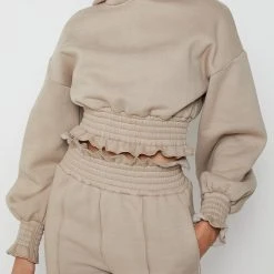 Woman Tracksuits Paperbag Waist Hoodie - Taupe
