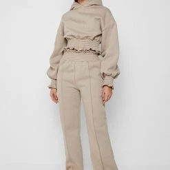 Woman Tracksuits Paperbag Waist Hoodie - Taupe