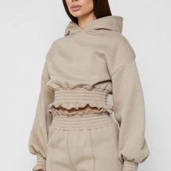 Woman Tracksuits Paperbag Waist Hoodie - Taupe