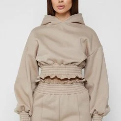Woman Tracksuits Paperbag Waist Hoodie - Taupe
