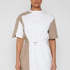 Woman Dresses Pinstripe T Shirt Dress - White/Taupe