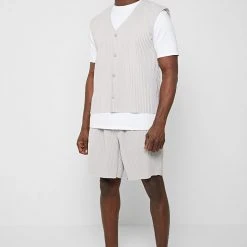 Man Tops SHORTS SETS Pleated Vest - Ice Grey