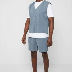 Man Tops SHORTS SETS Pleated Vest - Steel Blue