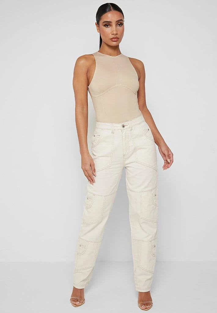 Woman Denim Pocket Detail Mom Jeans - Ecru