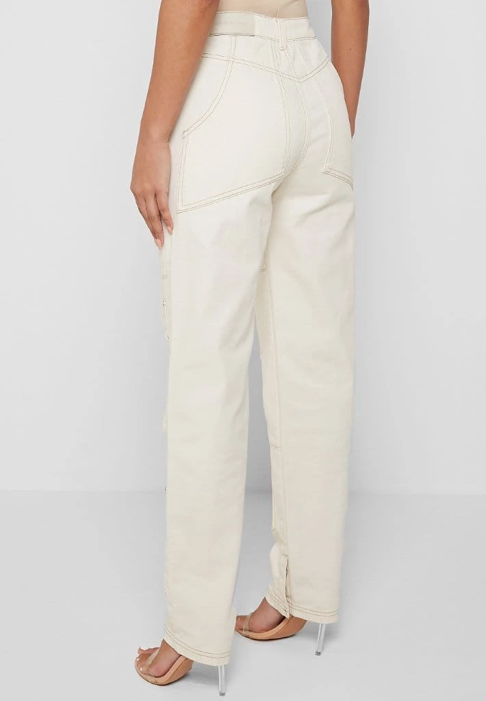 Woman Denim Pocket Detail Mom Jeans - Ecru