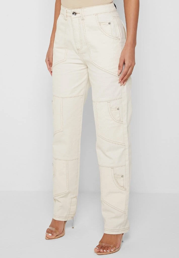 Woman Denim Pocket Detail Mom Jeans - Ecru