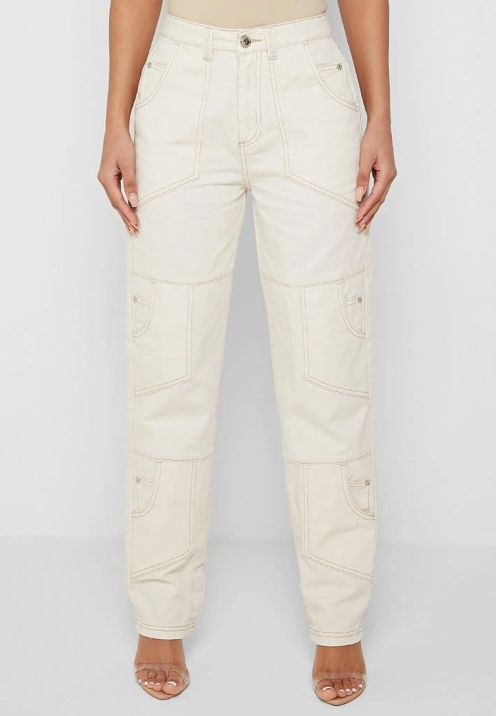 Woman Denim Pocket Detail Mom Jeans - Ecru