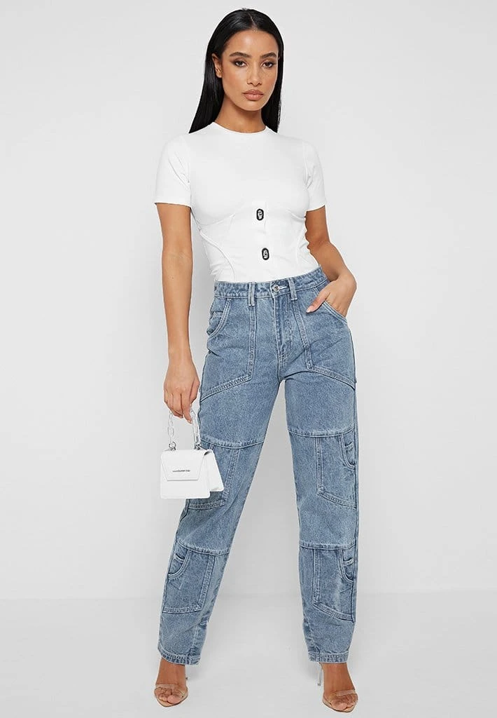 Woman Denim Pocket Detail Mom Jeans - Mid Blue