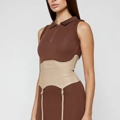 Woman Dresses Polo Dress With Suspender Corset - Brown/Beige