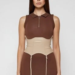 Woman Dresses Polo Dress With Suspender Corset - Brown/Beige