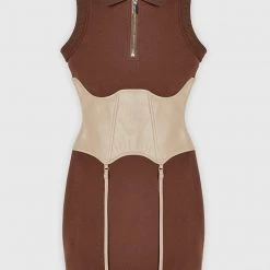 Woman Dresses Polo Dress With Suspender Corset - Brown/Beige