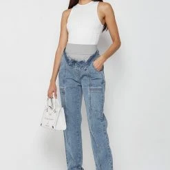 Woman Denim Foldover Waistband Mom Jeans - Mid Blue