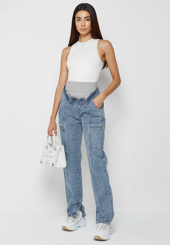 Woman Denim Foldover Waistband Mom Jeans - Mid Blue