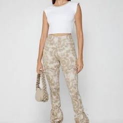 Woman Leggings Printed Tie Up Leggings - Beige