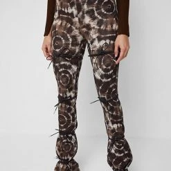 Woman Leggings Printed Tie Up Leggings - Dark Brown