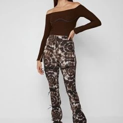 Woman Leggings Printed Tie Up Leggings - Dark Brown