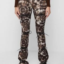 Woman Leggings Printed Tie Up Leggings - Dark Brown