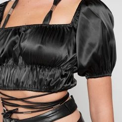 Woman Tops Puff Sleeve Tie Up Crop Top - Black