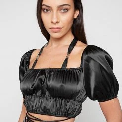 Woman Tops Puff Sleeve Tie Up Crop Top - Black