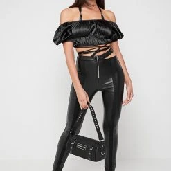 Woman Tops Puff Sleeve Tie Up Crop Top - Black