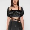 Woman Tops Puff Sleeve Tie Up Crop Top - Black
