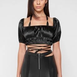 Woman Tops Puff Sleeve Tie Up Crop Top - Black