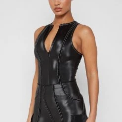 Woman Tops Racer Neck High Shine Bodysuit - Black
