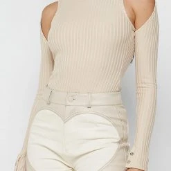 Woman Tops Racer Neck Ribbed Bodysuit - Beige