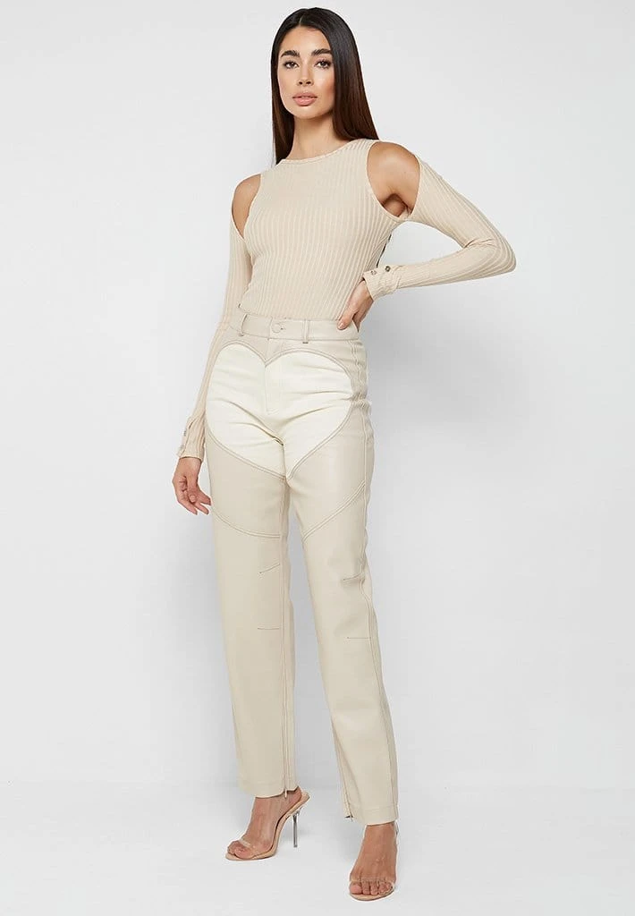 Woman Tops Racer Neck Ribbed Bodysuit - Beige