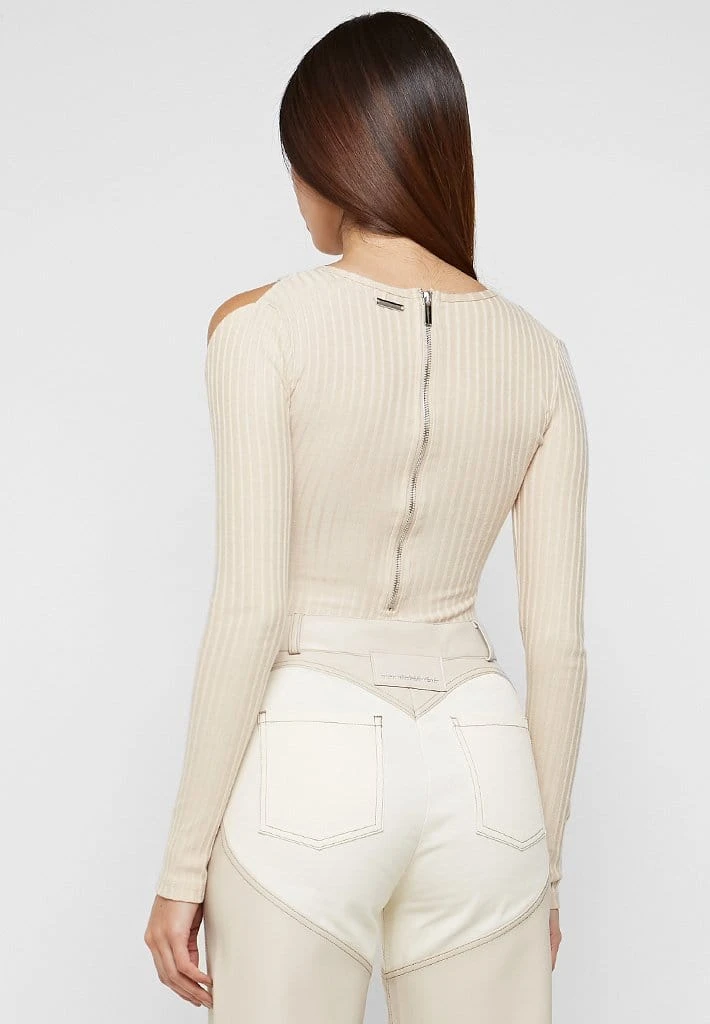 Woman Tops Racer Neck Ribbed Bodysuit - Beige