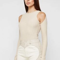 Woman Tops Racer Neck Ribbed Bodysuit - Beige