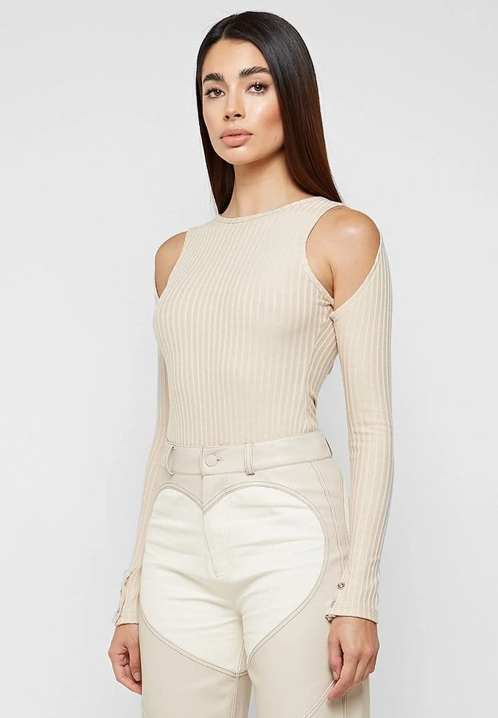 Woman Tops Racer Neck Ribbed Bodysuit - Beige
