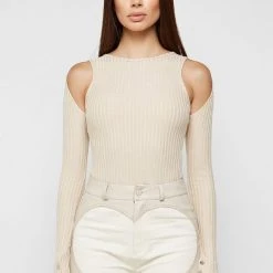 Woman Tops Racer Neck Ribbed Bodysuit - Beige