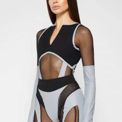 Woman Tops BODYSUITS Reflective High Leg Effect Bodysuit - Black