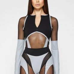 Woman Tops BODYSUITS Reflective High Leg Effect Bodysuit - Black