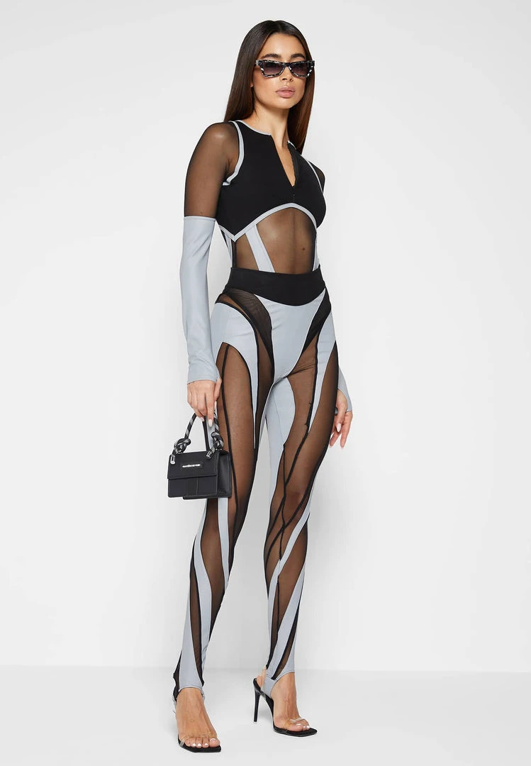 Woman Leggings Reflective Spiral Mesh Leggings - Black